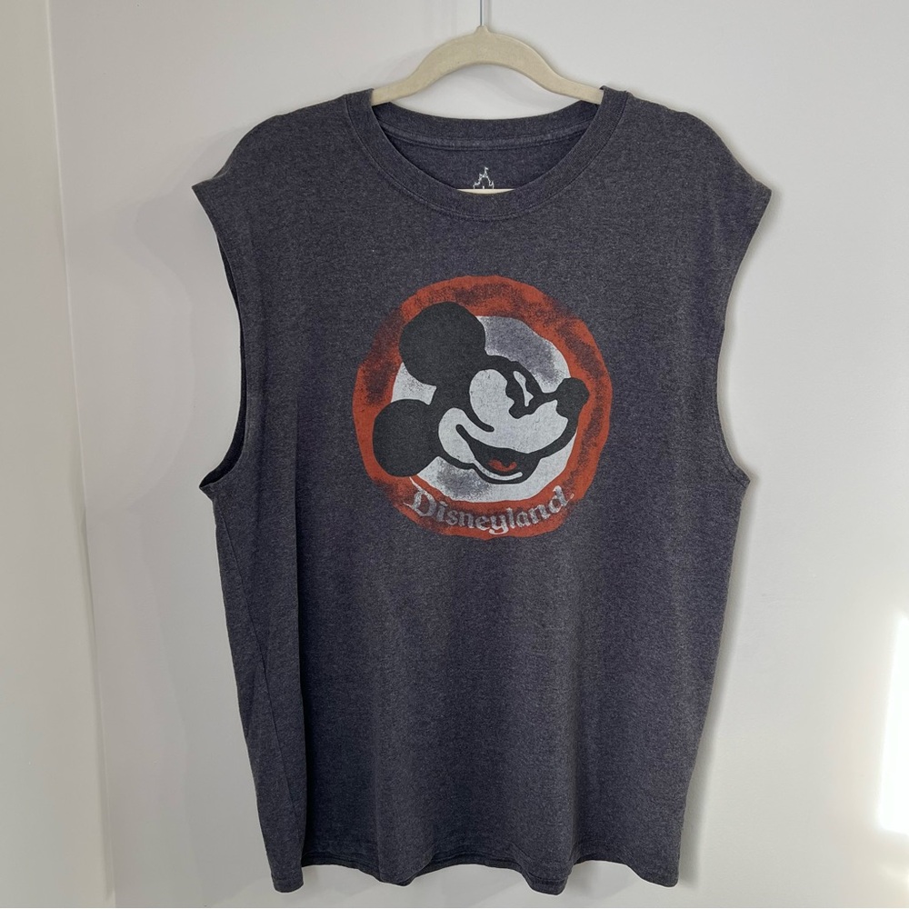 Disneyland Mens Mickey Mouse Distressed Look Cutoff Tank Charcoal Sz L